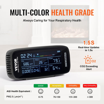 9-in-1 Air Quality Monitor with CO2 and PM Detection, LCD Display, Alarm Feature