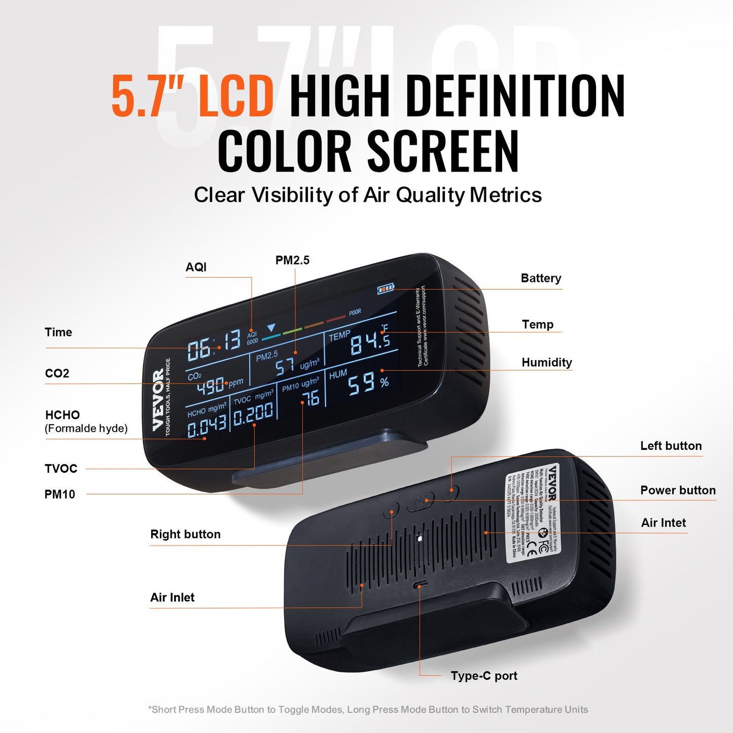 VEVOR 9-IN-1 Air Quality Monitor CO2 Detector PM1.0/2.5/10 HCHO TVOC Tester