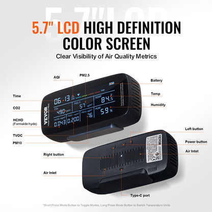 VEVOR 9-IN-1 Air Quality Monitor CO2 Detector PM1.0/2.5/10 HCHO TVOC Tester