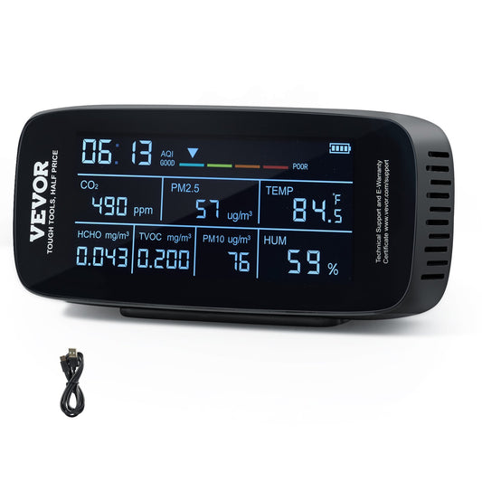 VEVOR 9-IN-1 Air Quality Monitor CO2 Detector PM1.0/2.5/10 HCHO TVOC Tester