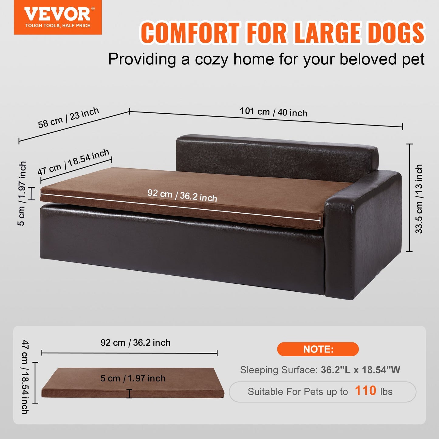 VEVOR Pet Sofa, Dog Couch for Large-Sized Dogs and Cats,  40 x 23 x 13 inch, Soft