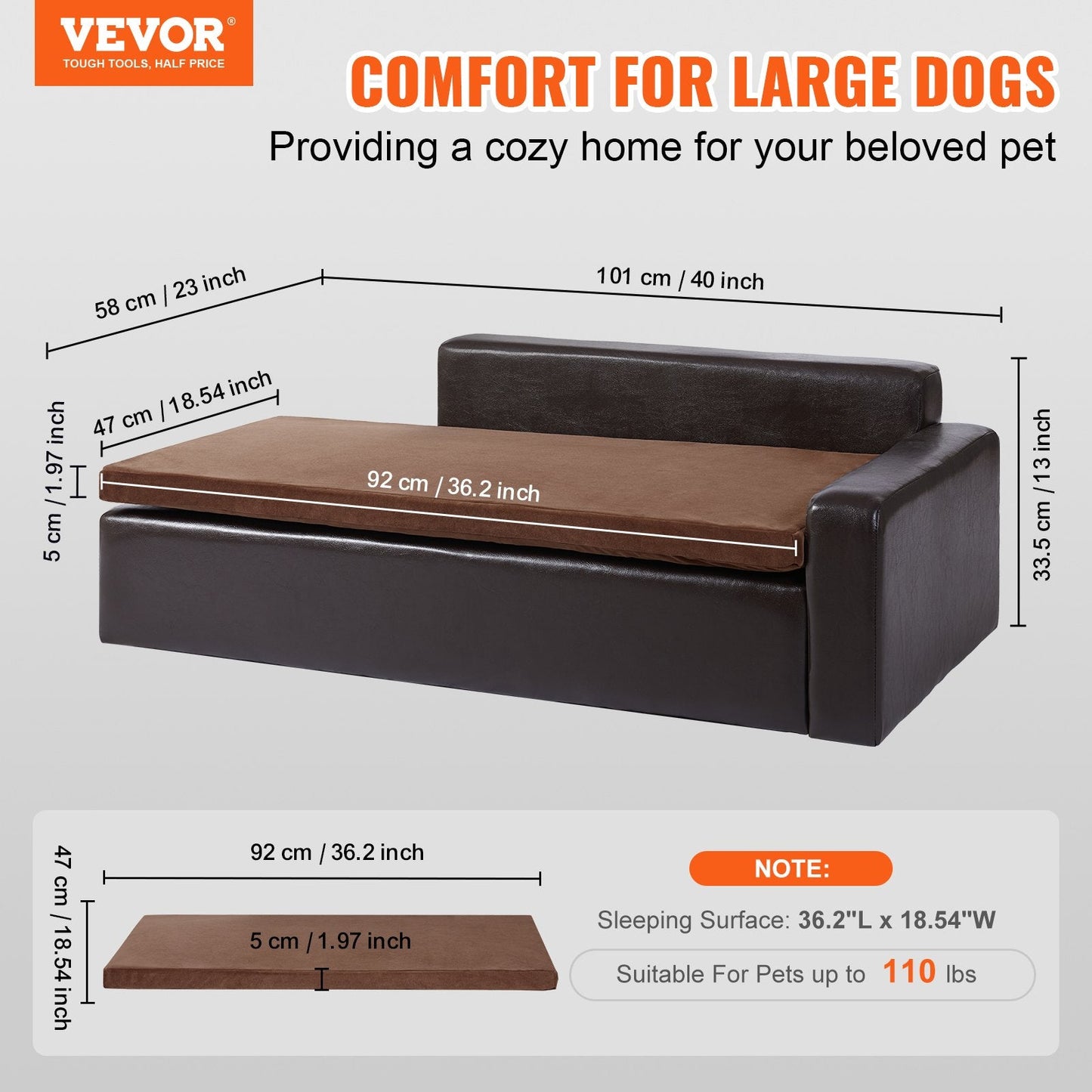 Large Dog & Cat Sofa Bed, Soft Leather, 100x58x34 cm, 50 kg Capacity, Black