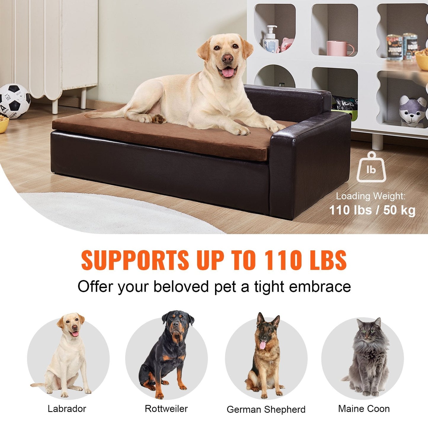 Large Dog & Cat Sofa Bed, Soft Leather, 100x58x34 cm, 50 kg Capacity, Black