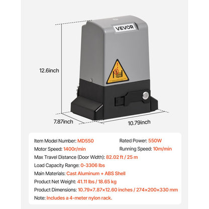 VEVOR 550W Electric Sliding Gate Opener 1500kg Chain Drive Infrared Sensor