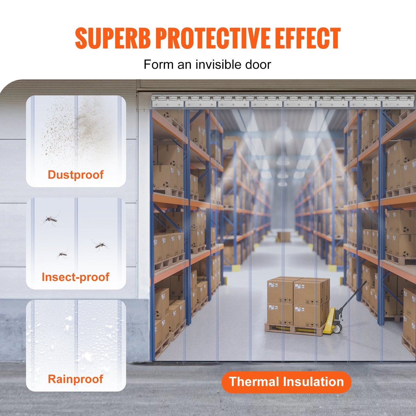 Clear PVC Strip Door Curtain, 213.4cm x 122cm, 8 Pieces for Freezers & Warehouses
