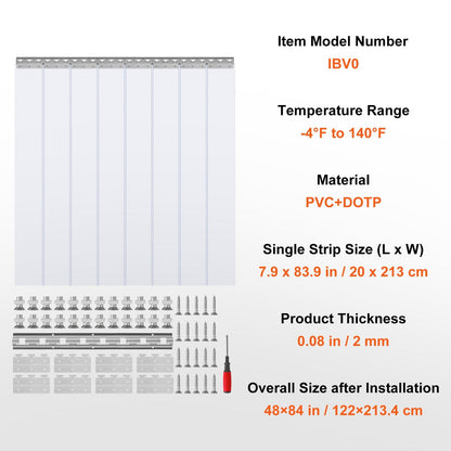 Clear PVC Strip Door Curtain, 213.4cm x 122cm, 8 Pieces for Freezers & Warehouses