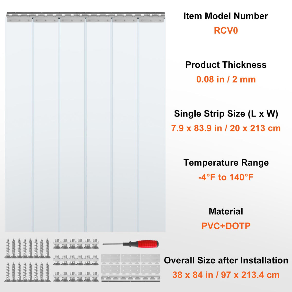 VEVOR Strip Curtain, 213.4 cm Height x 97 cm Width, 2 mm Thickness, 6PCS Clear PVC