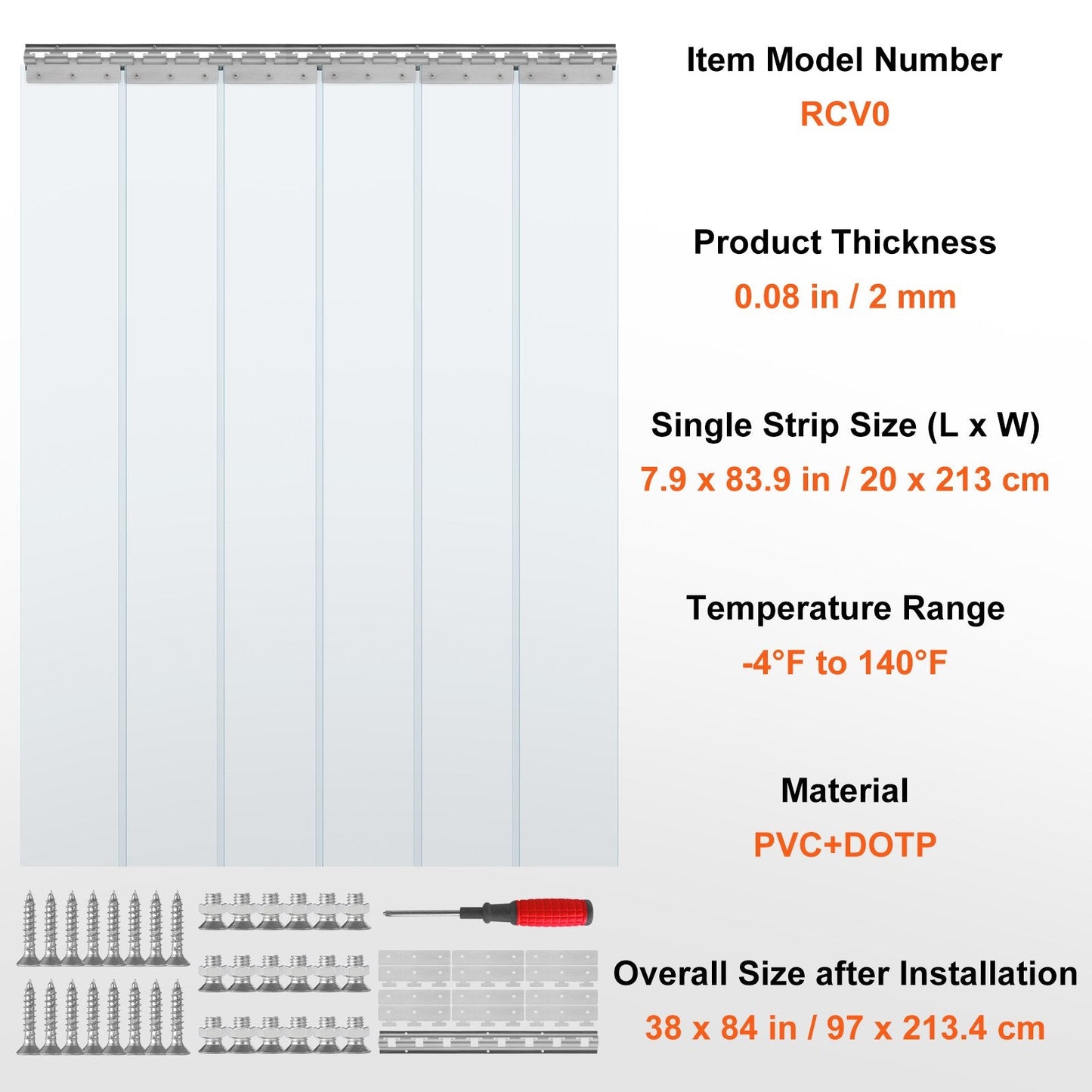 Clear PVC Strip Door Curtain for Walk-In Freezers, 97 x 213.4 cm, 2 mm Thick