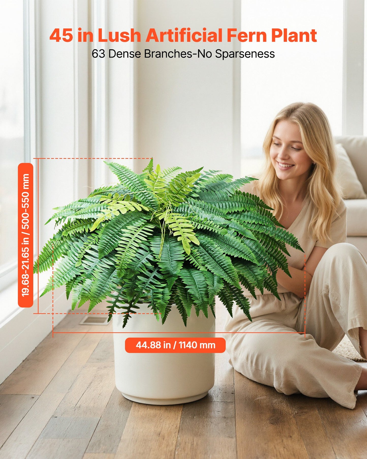Artificial Ferns, 1143 mm Fake Boston Fern Bush Plant with 63 Fronds, Faux Greenery for Indoor/Outdoor Decor, Silk & LDPE, Suitable for Home Porch Garden Office Living Room Planter, Set of 2