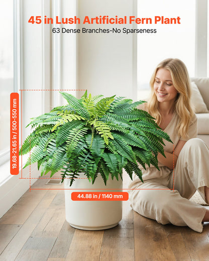 Artificial Ferns, 1143 mm Fake Boston Fern Bush Plant with 63 Fronds, Faux Greenery for Indoor/Outdoor Decor, Silk & LDPE, Suitable for Home Porch Garden Office Living Room Planter, Set of 2