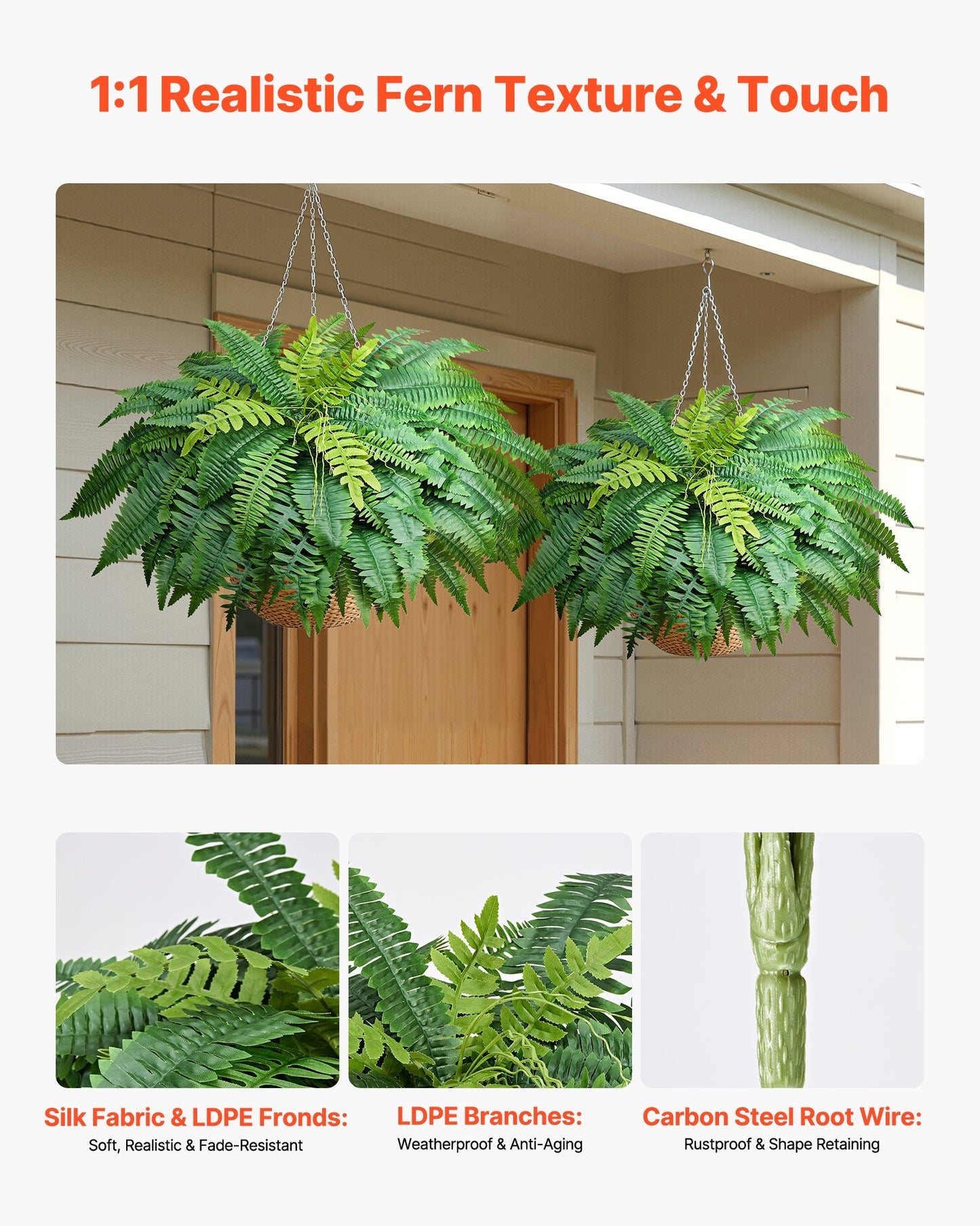 Artificial Ferns, 1143 mm Fake Boston Fern Bush Plant with 63 Fronds, Faux Greenery for Indoor/Outdoor Decor, Silk & LDPE, Suitable for Home Porch Garden Office Living Room Planter, Set of 2