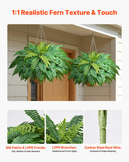Artificial Ferns, 1143 mm Fake Boston Fern Bush Plant with 63 Fronds, Faux Greenery for Indoor/Outdoor Decor, Silk & LDPE, Suitable for Home Porch Garden Office Living Room Planter, Set of 2