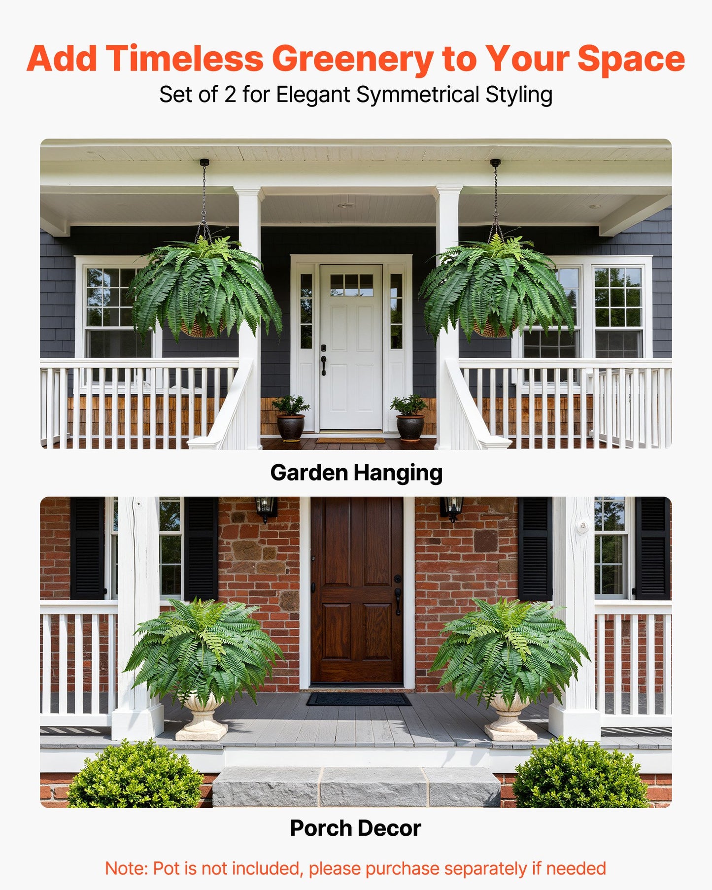 Artificial Ferns, 1143 mm Fake Boston Fern Bush Plant with 63 Fronds, Faux Greenery for Indoor/Outdoor Decor, Silk & LDPE, Suitable for Home Porch Garden Office Living Room Planter, Set of 2