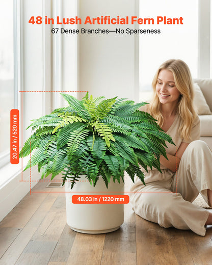 Artificial Ferns, 1219 mm Fake Boston Fern Bush Plant with 67 Fronds, Faux Greenery for Indoor/Outdoor Decor, Silk & LDPE, Suitable for Home Porch Garden Office Living Room Planter, Set of 2