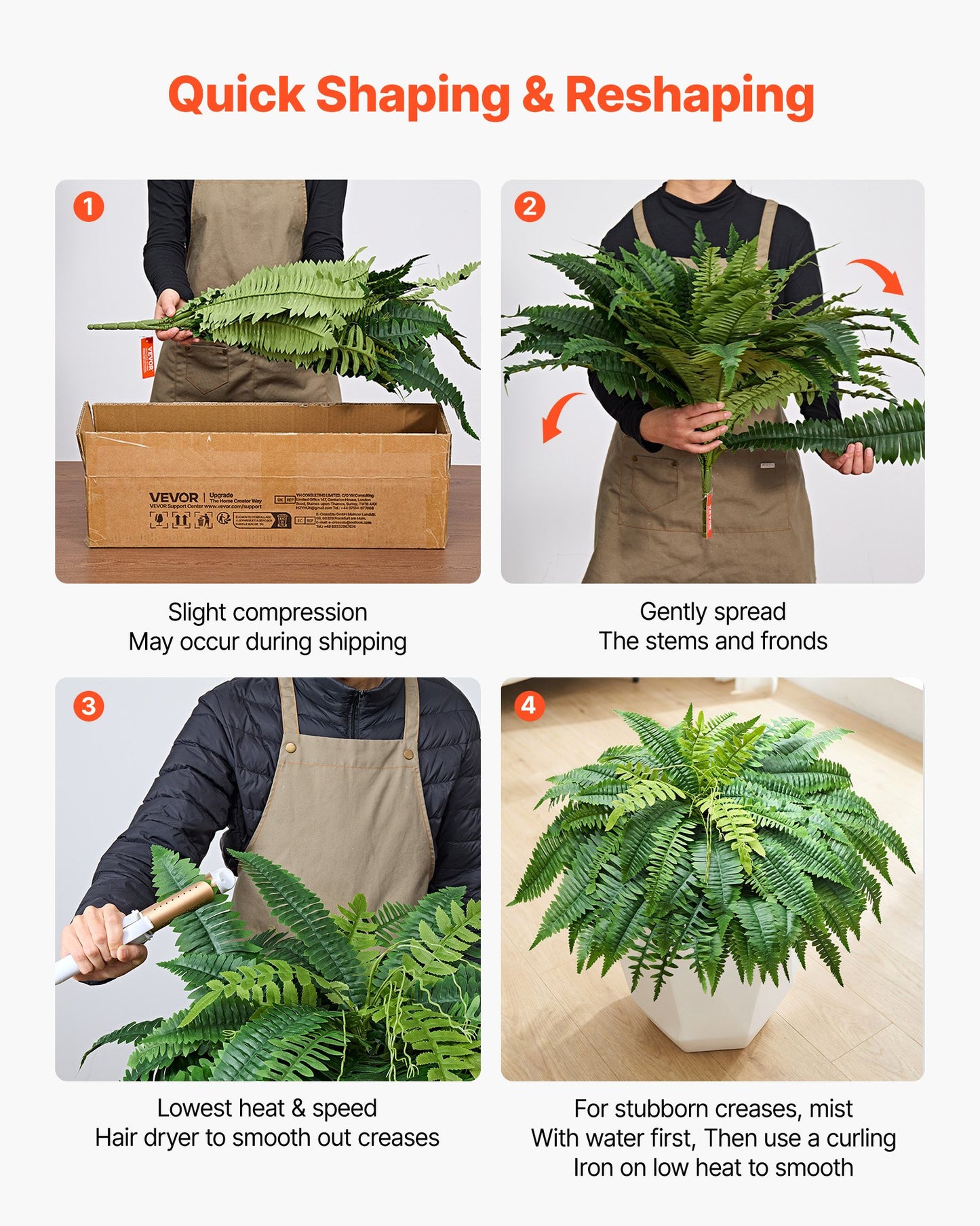 Artificial Ferns, 1219 mm Fake Boston Fern Bush Plant with 67 Fronds, Faux Greenery for Indoor/Outdoor Decor, Silk & LDPE, Suitable for Home Porch Garden Office Living Room Planter, Set of 2