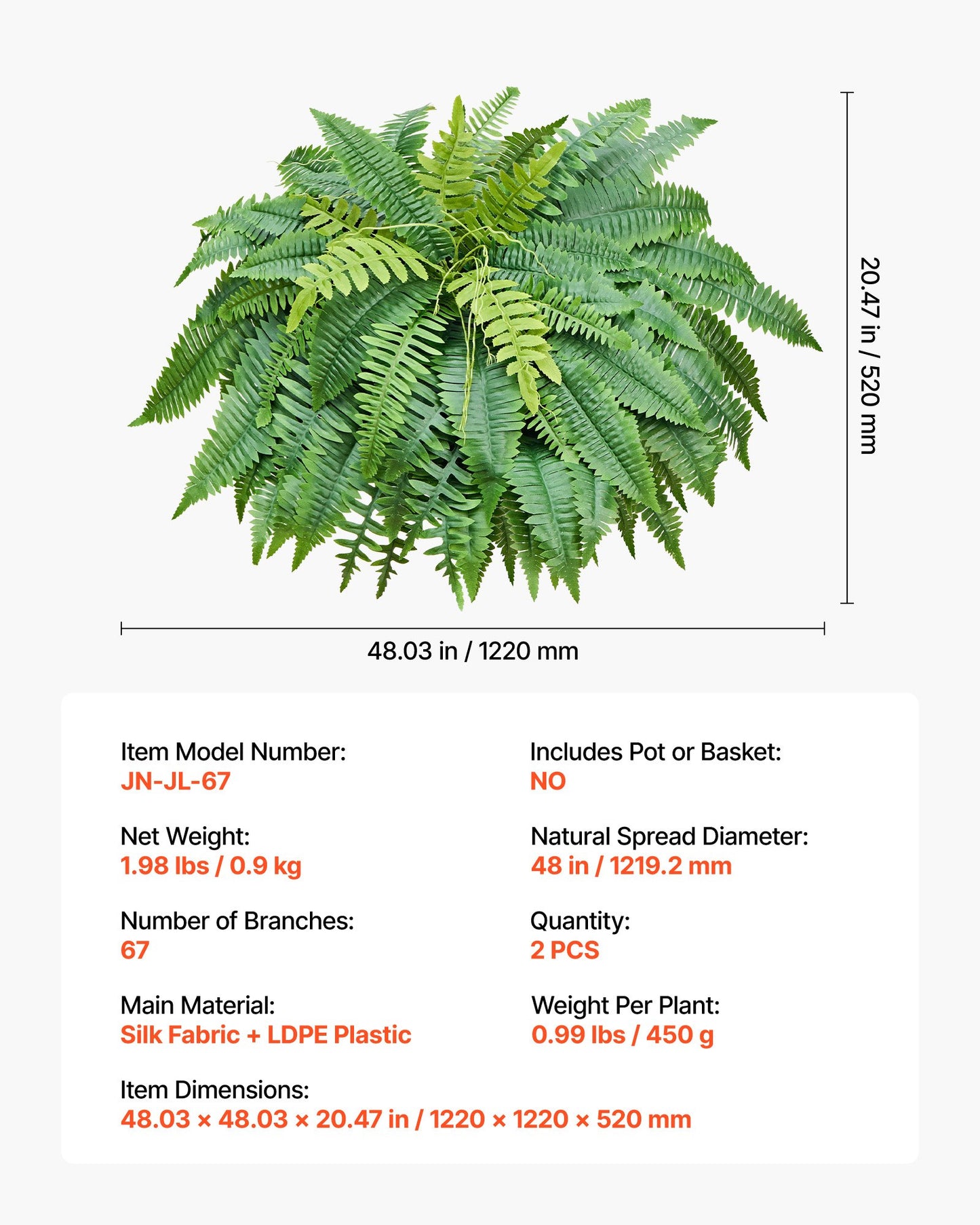 Artificial Ferns, 1219 mm Fake Boston Fern Bush Plant with 67 Fronds, Faux Greenery for Indoor/Outdoor Decor, Silk & LDPE, Suitable for Home Porch Garden Office Living Room Planter, Set of 2