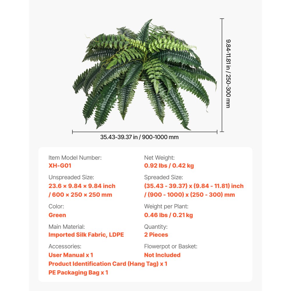 2Pcs Artificial Boston Ferns Plastic Fern 35 Branches Indoor Outdoor Decor