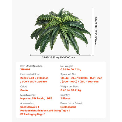 2Pcs Artificial Boston Ferns Plastic Fern 35 Branches Indoor Outdoor Decor