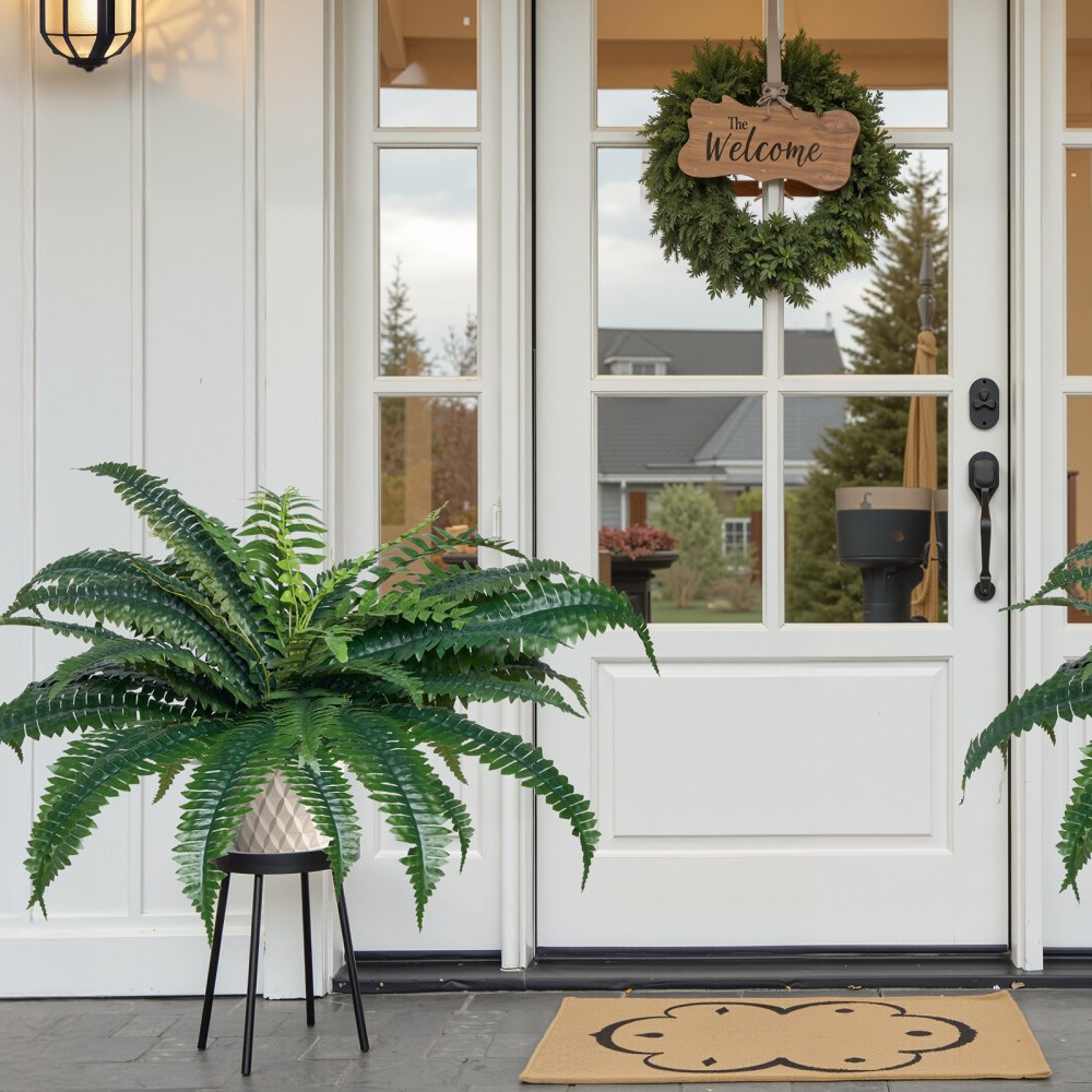 2Pcs Artificial Boston Ferns Plastic Fern 35 Branches Indoor Outdoor Decor