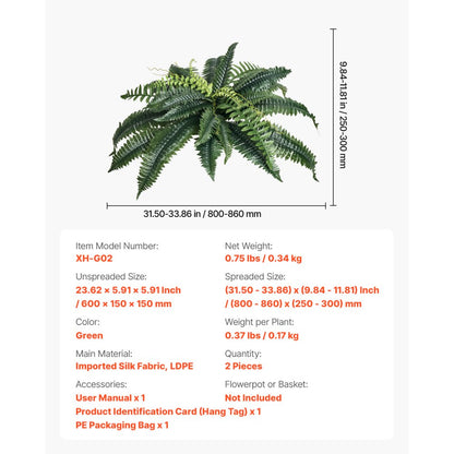 VEVOR 2Pcs Artificial Boston Ferns Plastic Fern 30 Branches Indoor Outdoor Decor