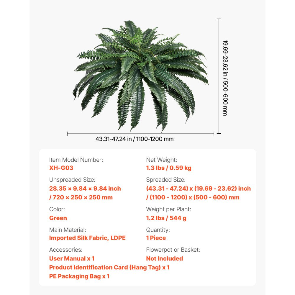 VEVOR Artificial Boston Fern Large Plastic Fern 88 Branches Indoor Outdoor Decor