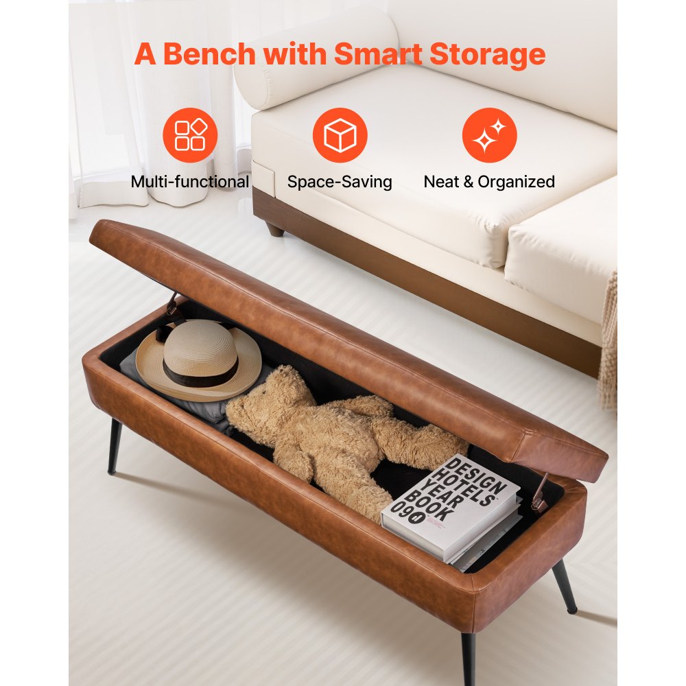 PU Leather Storage Ottoman Bench Bench with Storage and Metal Legs 1016 x 355 x 450 mm Brown