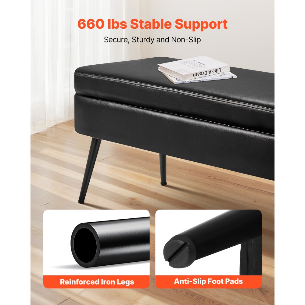 PU Leather Storage Ottoman Bench Shoe Seat with Storage & Metal Legs 1200 x 400 x 450 mm Black