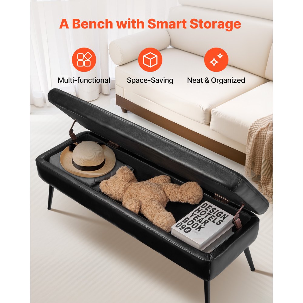 PU Leather Storage Ottoman Bench Shoe Seat with Storage & Metal Legs 1200 x 400 x 450 mm Black
