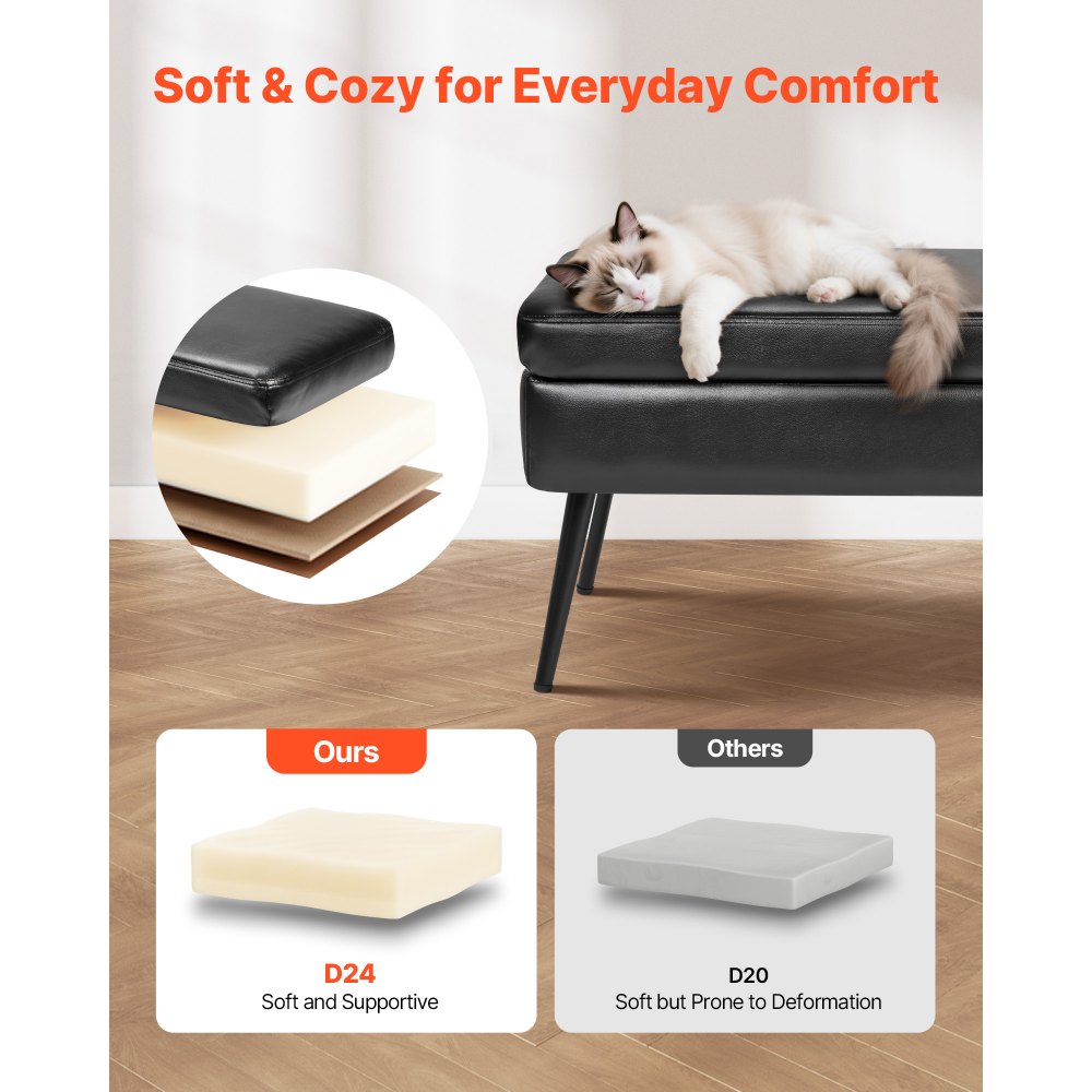 PU Leather Storage Ottoman Bench Shoe Seat with Storage & Metal Legs 1200 x 400 x 450 mm Black