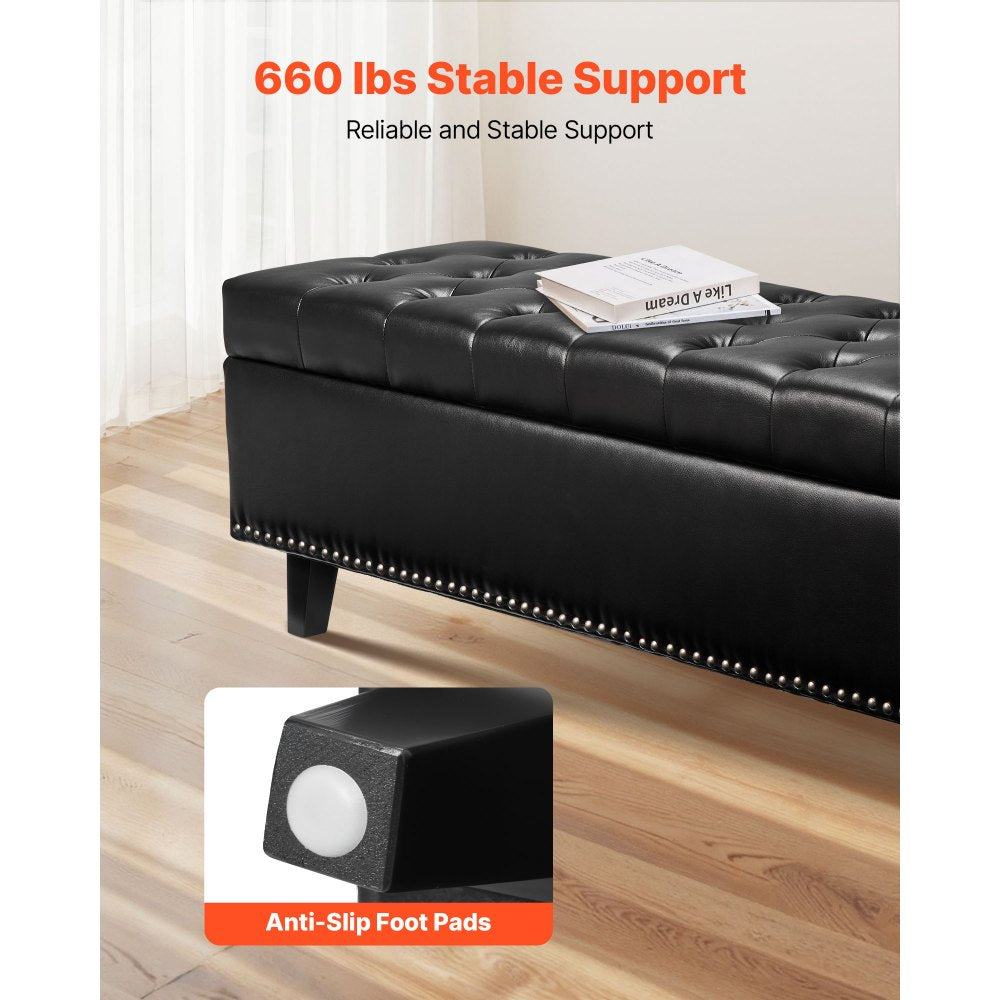 Button-Tufted Storage Ottoman Bench PU Leather Bench with Wood Legs 1305 x 415 x 440 mm Black