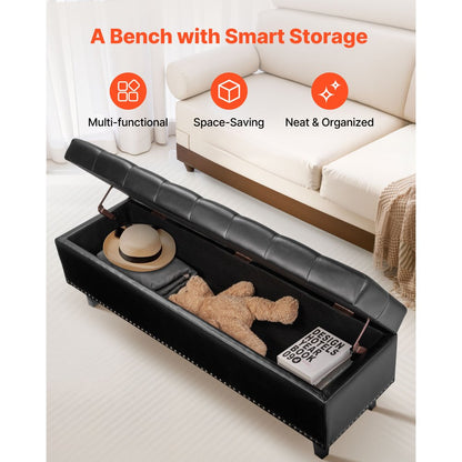 Button-Tufted Storage Ottoman Bench PU Leather Bench with Wood Legs 1305 x 415 x 440 mm Black