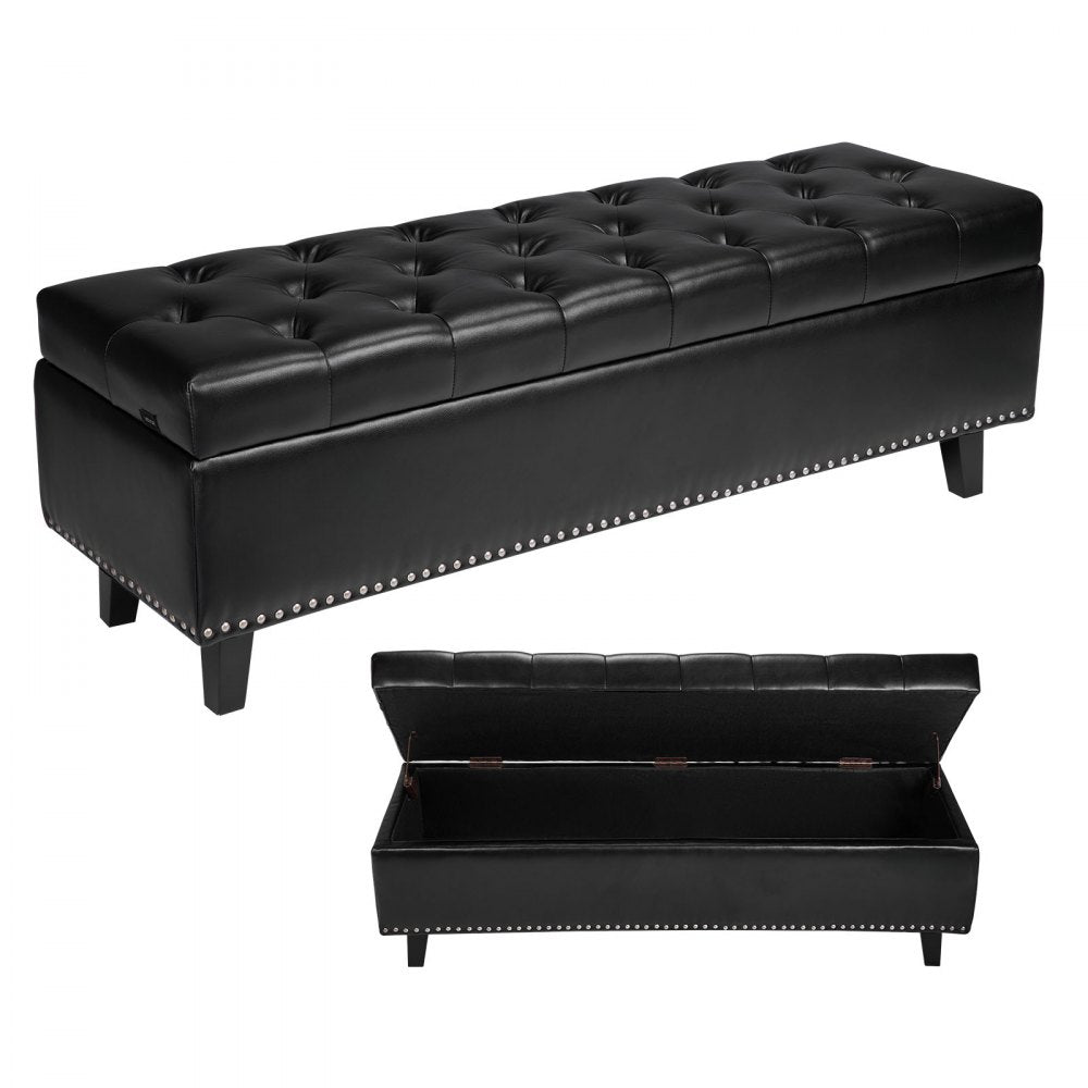 Button-Tufted Storage Ottoman Bench PU Leather Bench with Wood Legs 1305 x 415 x 440 mm Black