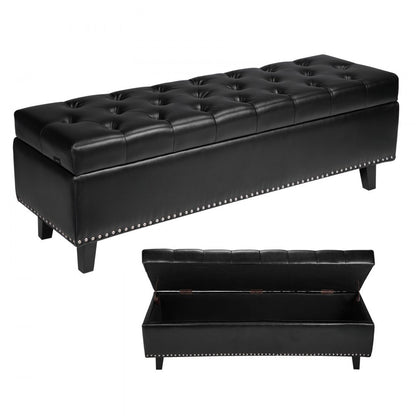 Button-Tufted Storage Ottoman Bench PU Leather Bench with Wood Legs 1305 x 415 x 440 mm Black