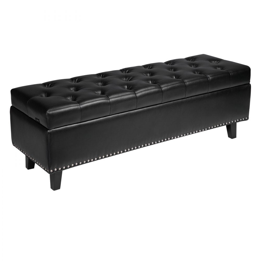 Button-Tufted Storage Ottoman Bench PU Leather Bench with Wood Legs 1305 x 415 x 440 mm Black