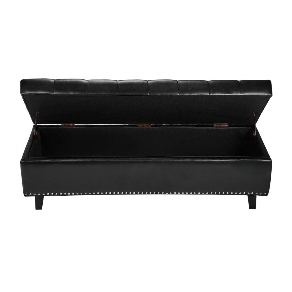 Button-Tufted Storage Ottoman Bench PU Leather Bench with Wood Legs 1305 x 415 x 440 mm Black