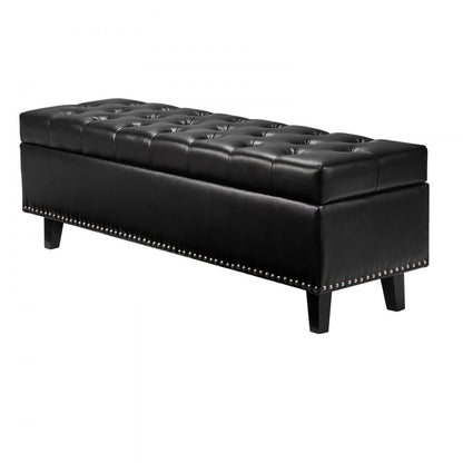 Button-Tufted Storage Ottoman Bench PU Leather Bench with Wood Legs 1305 x 415 x 440 mm Black