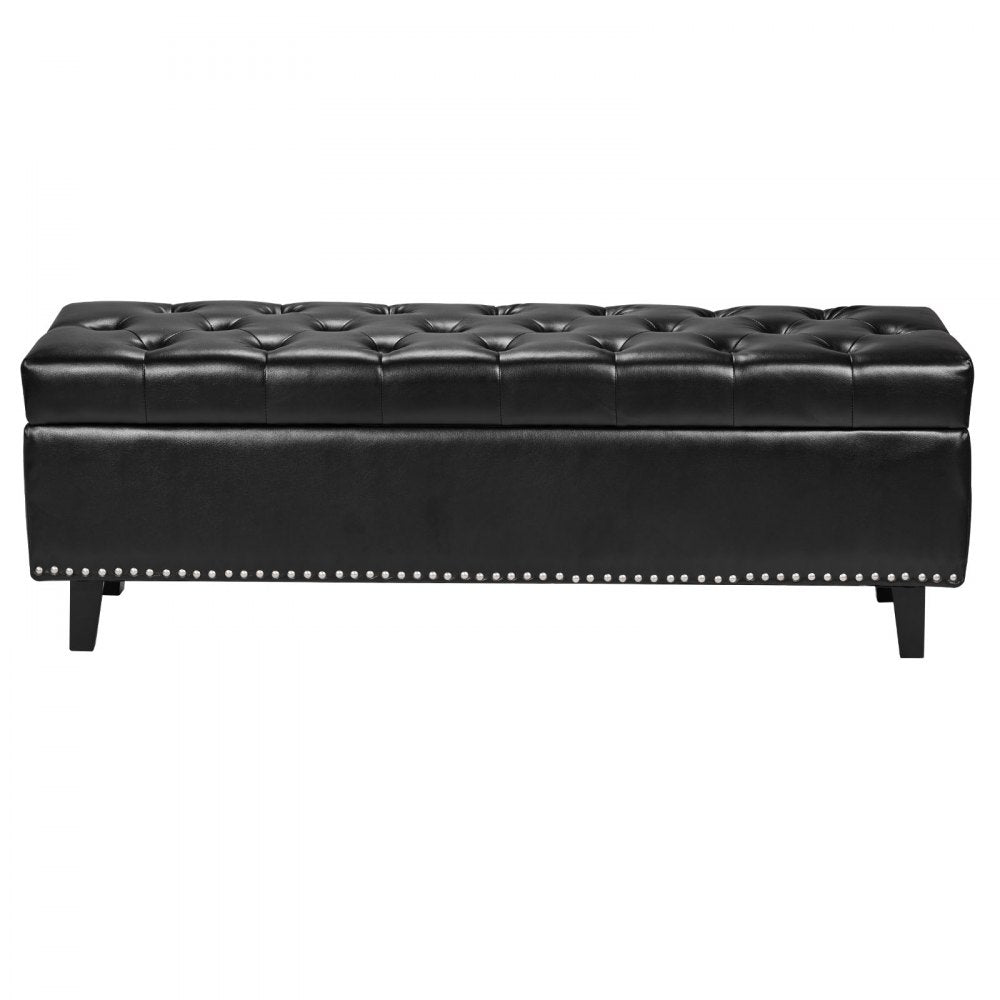 Button-Tufted Storage Ottoman Bench PU Leather Bench with Wood Legs 1305 x 415 x 440 mm Black