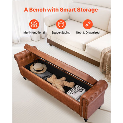 Button-Tufted Storage Ottoman Bench Rolled Arm PU Leather Wood Legs 1660 x 560 x 460 mm Brown