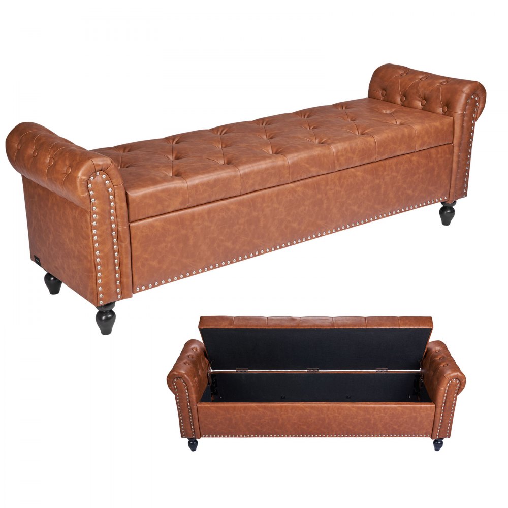 Button-Tufted Storage Ottoman Bench Rolled Arm PU Leather Wood Legs 1660 x 560 x 460 mm Brown