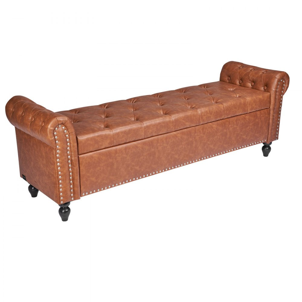 Button-Tufted Storage Ottoman Bench Rolled Arm PU Leather Wood Legs 1660 x 560 x 460 mm Brown