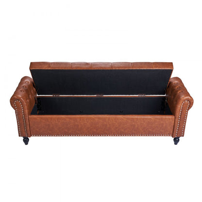 Button-Tufted Storage Ottoman Bench Rolled Arm PU Leather Wood Legs 1660 x 560 x 460 mm Brown