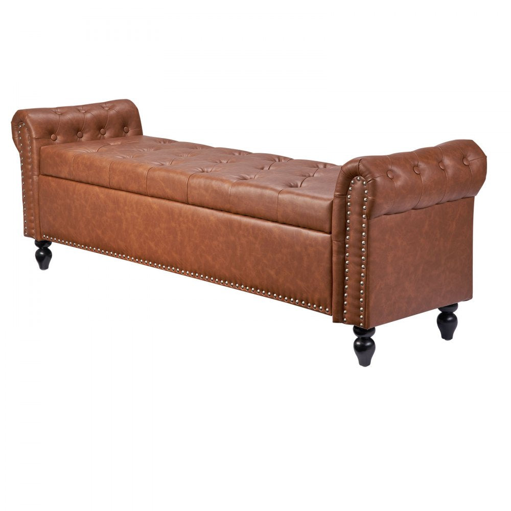 Button-Tufted Storage Ottoman Bench Rolled Arm PU Leather Wood Legs 1660 x 560 x 460 mm Brown