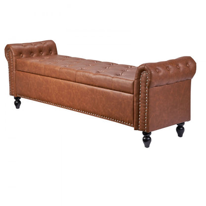 Button-Tufted Storage Ottoman Bench Rolled Arm PU Leather Wood Legs 1660 x 560 x 460 mm Brown
