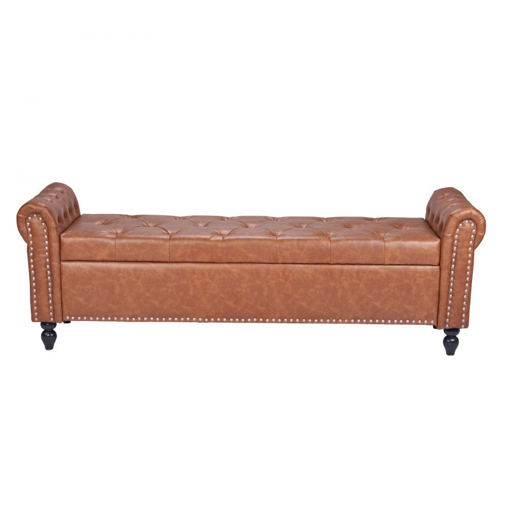 Button-Tufted Storage Ottoman Bench Rolled Arm PU Leather Wood Legs 1660 x 560 x 460 mm Brown
