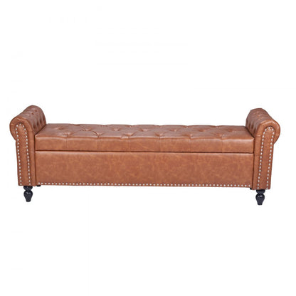 Button-Tufted Storage Ottoman Bench Rolled Arm PU Leather Wood Legs 1660 x 560 x 460 mm Brown