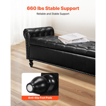 Button-Tufted Storage Ottoman Bench Rolled Arm PU Leather Wood Legs 1660 x 460 x 560 mm Black