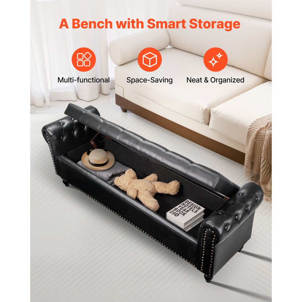 Button-Tufted Storage Ottoman Bench Rolled Arm PU Leather Wood Legs 1660 x 460 x 560 mm Black