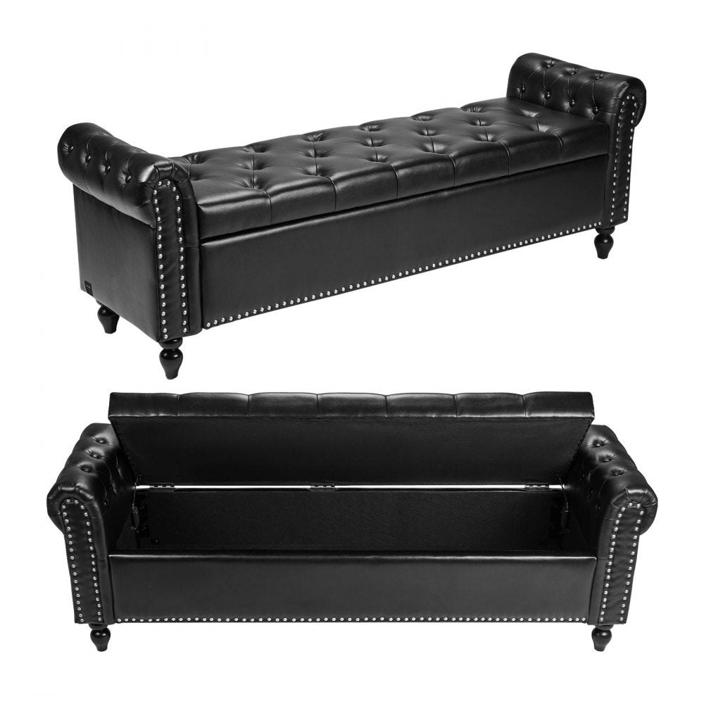 Button-Tufted Storage Ottoman Bench Rolled Arm PU Leather Wood Legs 1660 x 460 x 560 mm Black