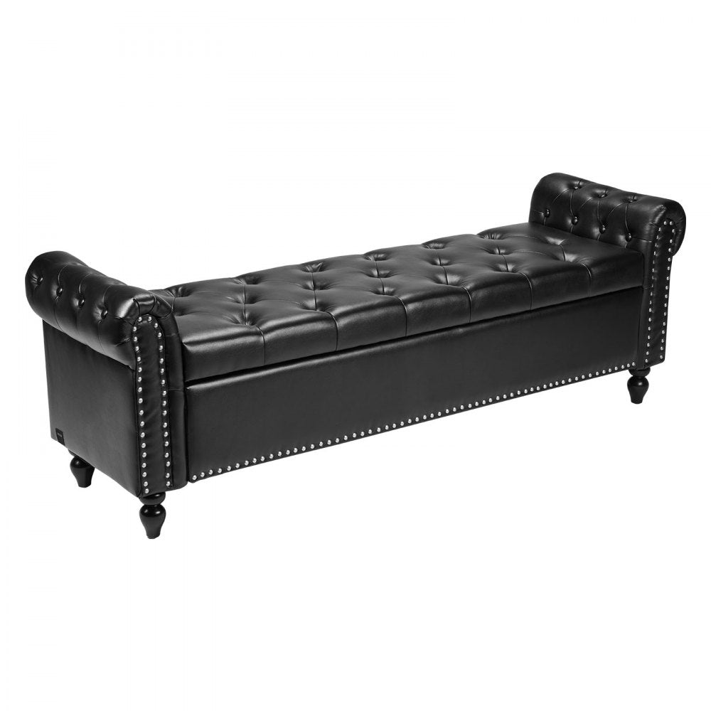 Button-Tufted Storage Ottoman Bench Rolled Arm PU Leather Wood Legs 1660 x 460 x 560 mm Black