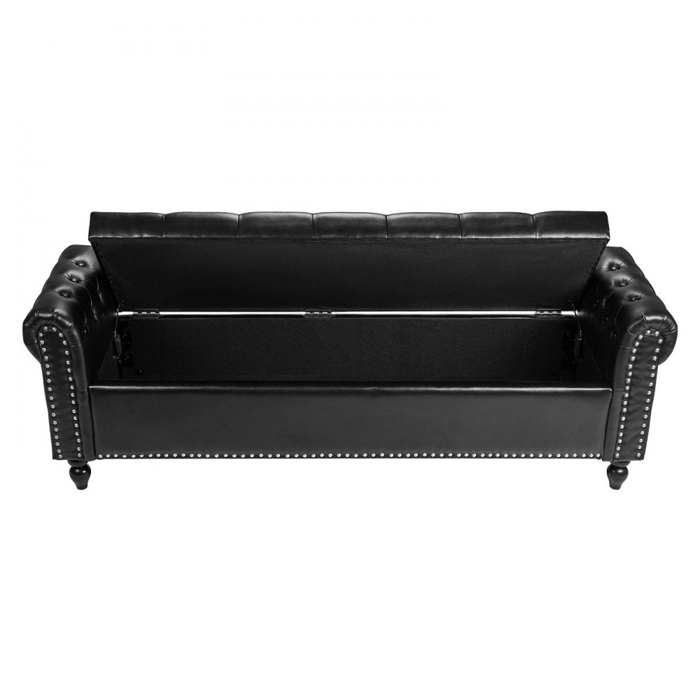 Button-Tufted Storage Ottoman Bench Rolled Arm PU Leather Wood Legs 1660 x 460 x 560 mm Black